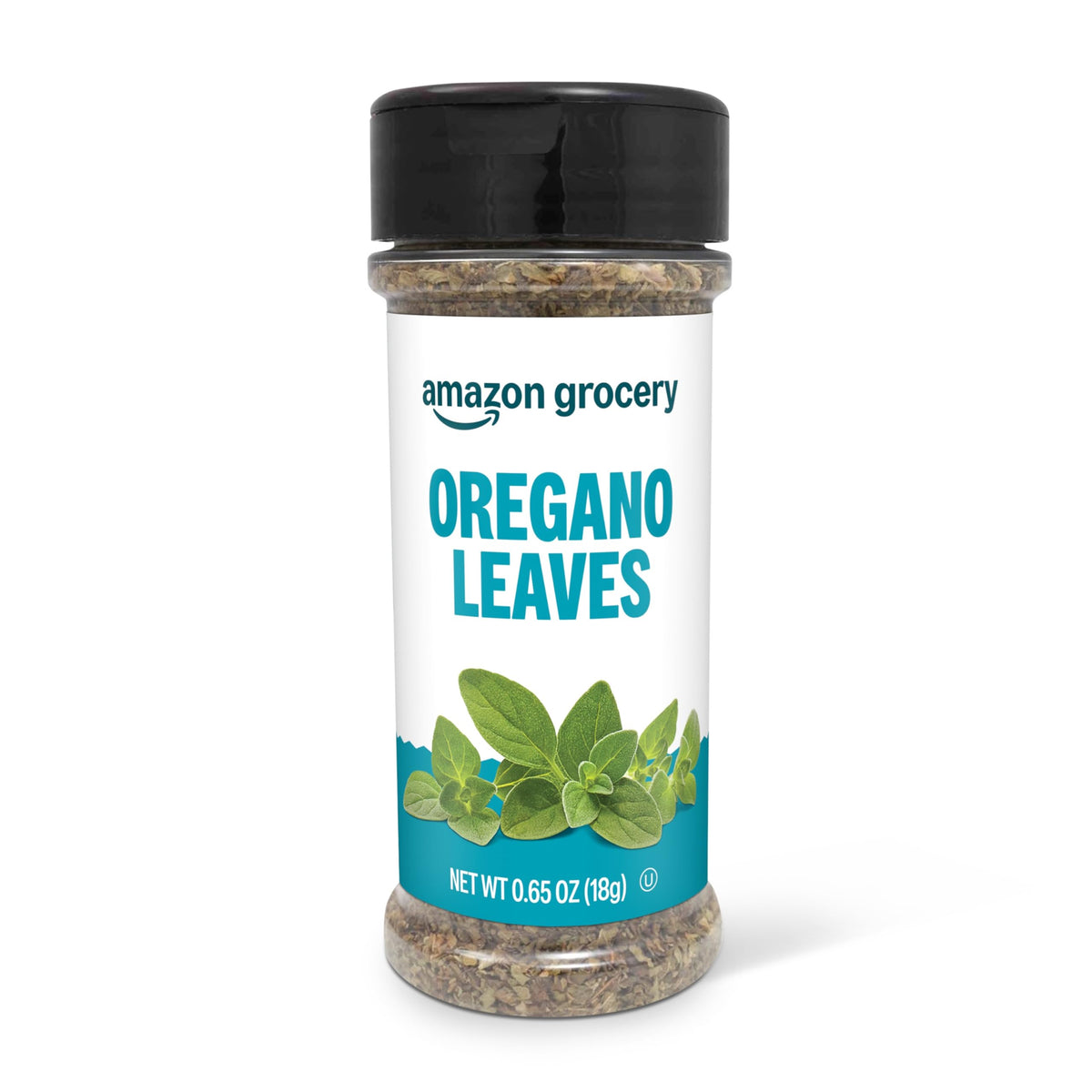 Amazon Grocery oregano leaves in a 0.65 oz jar, bright herbal aroma for seasoning.