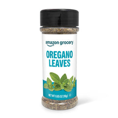 Amazon Grocery oregano leaves in a 0.65 oz jar, bright herbal aroma for seasoning.