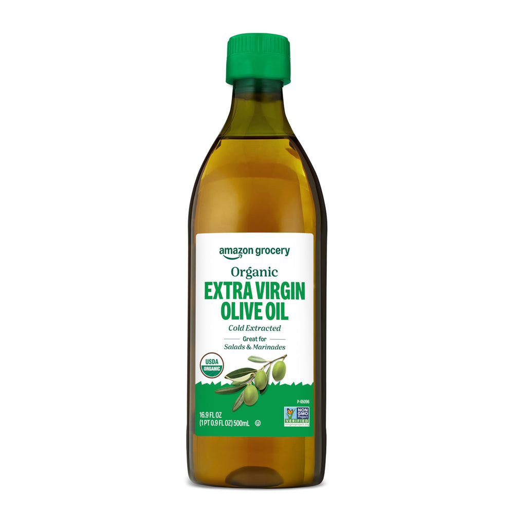Amazon Grocery Organic Olive Oil bottle with 16.9 oz, smooth pour for dressings.