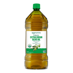 Amazon Grocery Organic Olive Oil bottle on counter for versatile cooking
