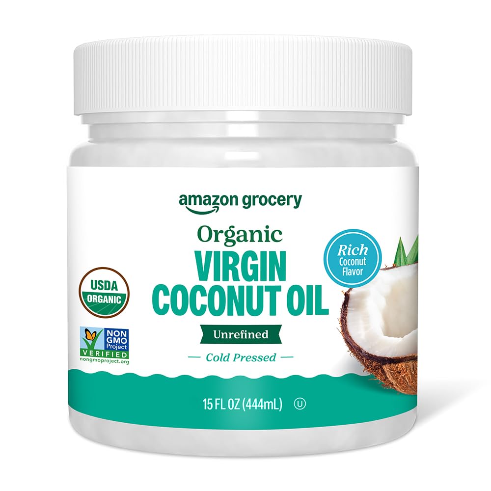 Amazon Grocery Organic Virgin Coconut Oil bottle pour shows versatile cooking use.