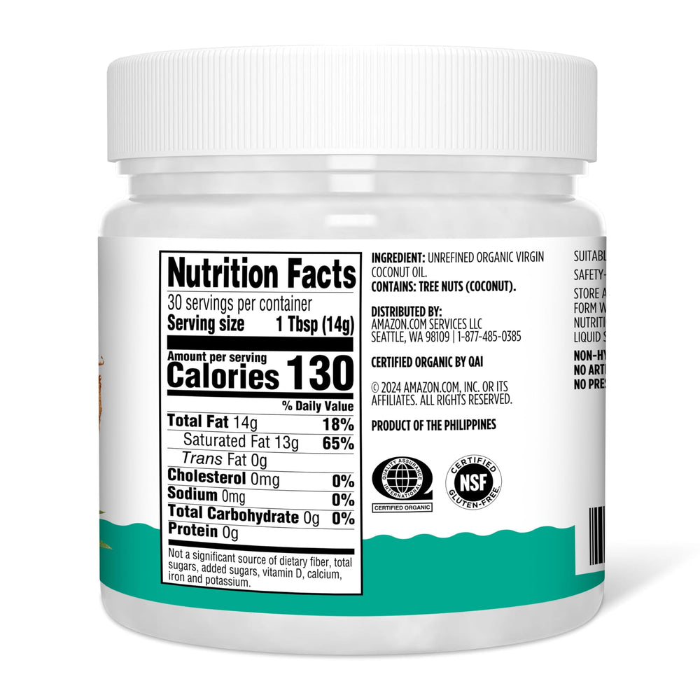 Brand label closeup highlights Non-GMO Verified seal on Amazon Grocery coconut oil.