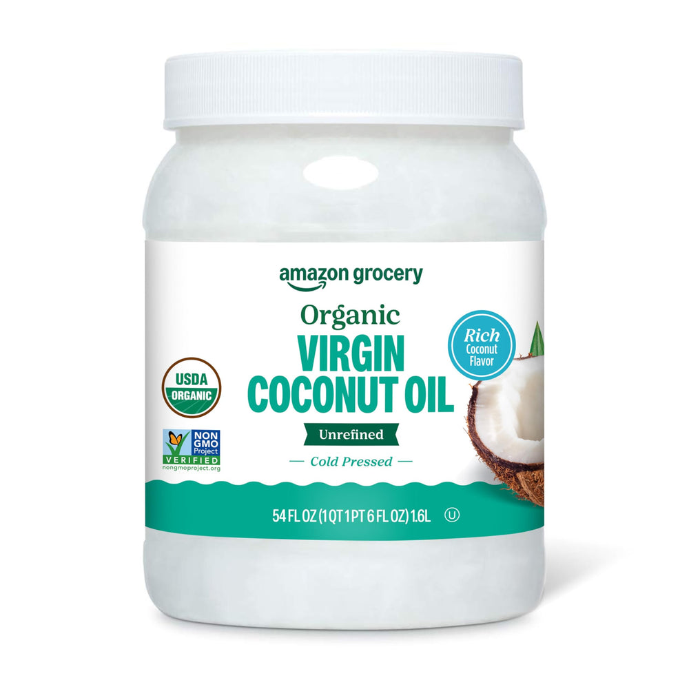 Amazon Grocery Organic Virgin Coconut Oil 54oz bottle showing rich flavor for cooking