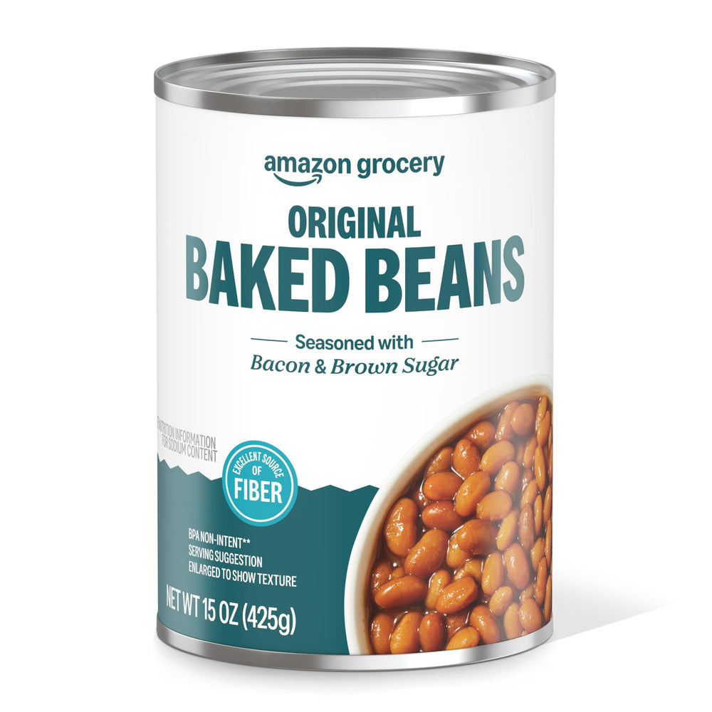 Amazon Grocery Original Baked Beans can label highlights bacon-brown sugar flavor
