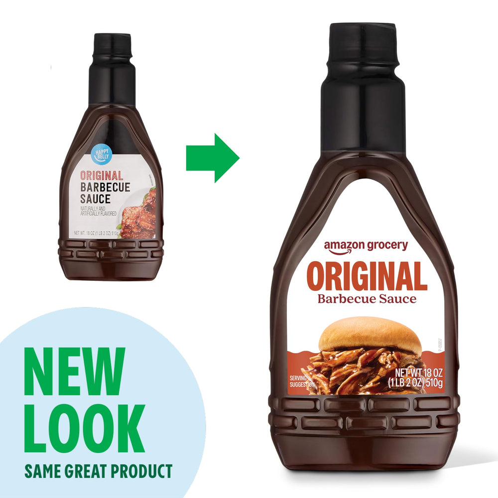 Amazon Grocery Original BBQ Sauce bottle on table, ready for family meals.