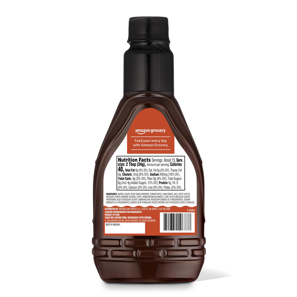 Amazon Grocery Original BBQ Sauce bottle on kitchen shelf, a reliable pantry staple.