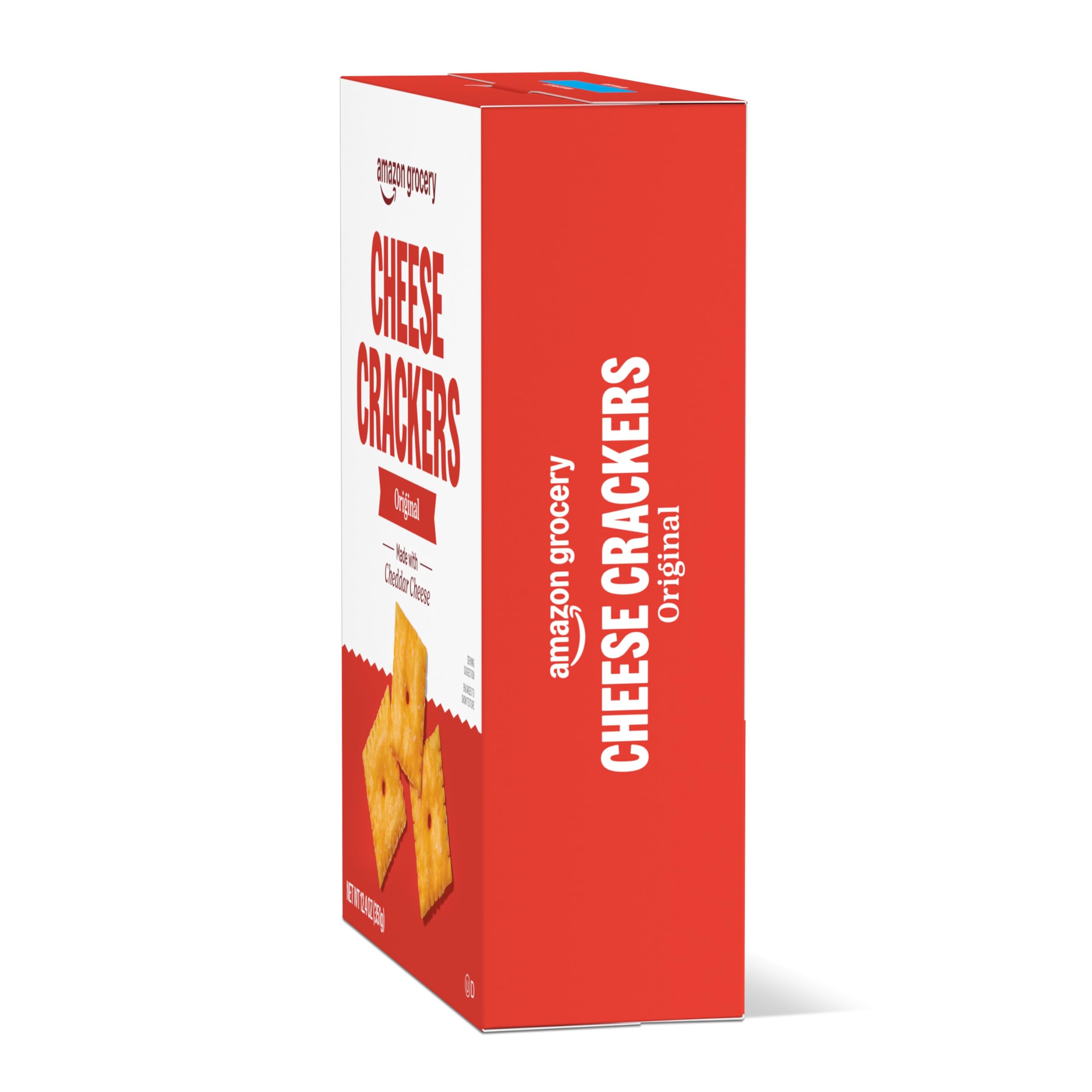 Amazon Grocery Original Cheese Crackers packaging stacked – easy to store on pantry shelves