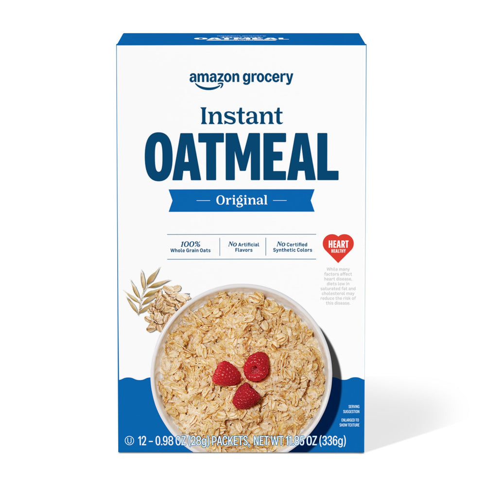Amazon Grocery Original Instant Oatmeal front packaging for quick breakfasts.