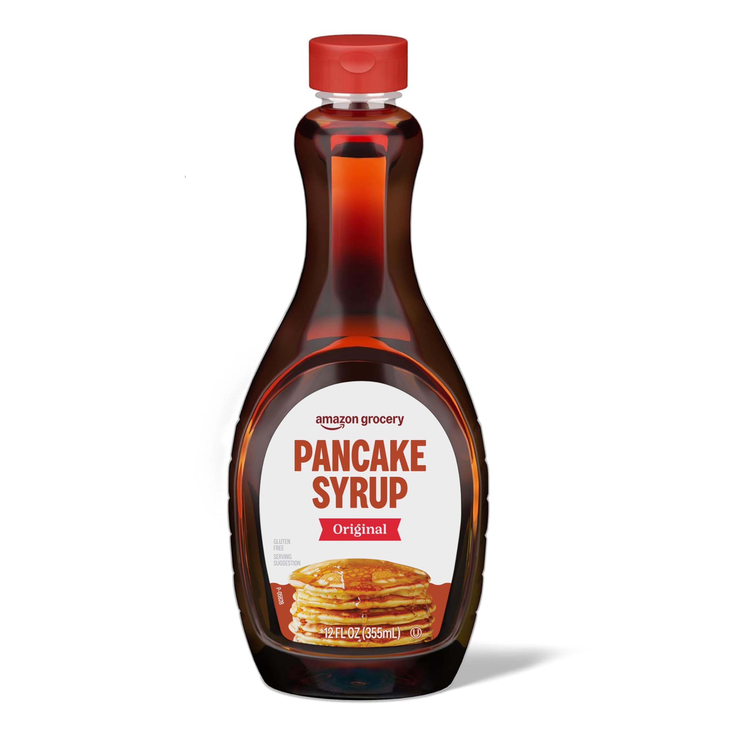 Amazon Grocery Original Pancake Syrup bottle pouring over pancakes for a classic breakfast.