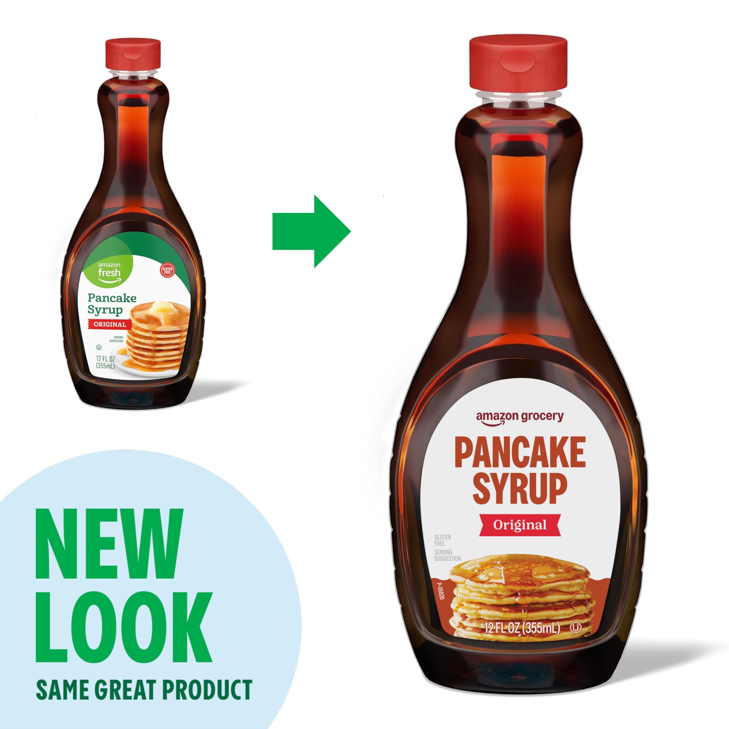 Amazon Grocery Original Pancake Syrup bottle stored at room temperature.
