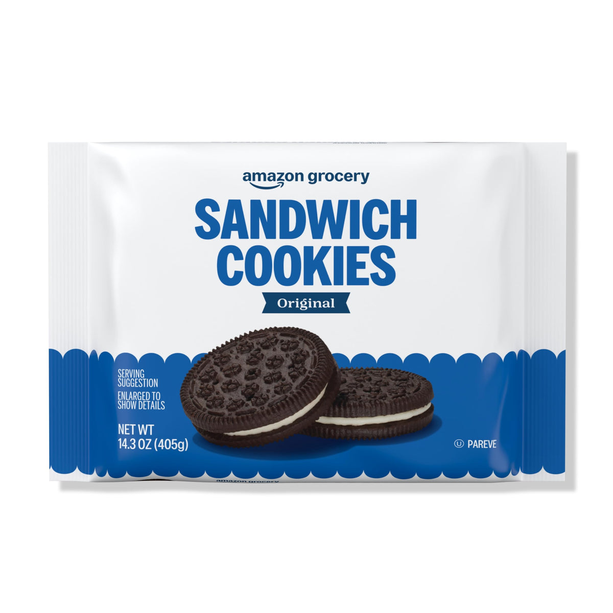 Amazon Grocery Original Sandwich Cookies 14oz pack, convenient snack for on-the-go.