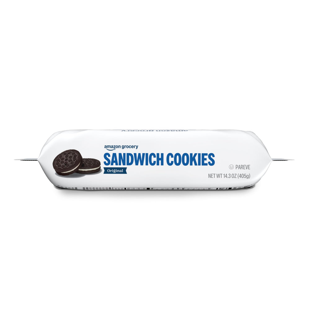Nutrition facts label visible on Amazon Grocery Original Sandwich Cookies packaging.