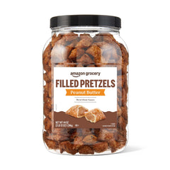 Amazon Grocery Peanut Butter Filled Pretzels jar closeup for snack on the go.