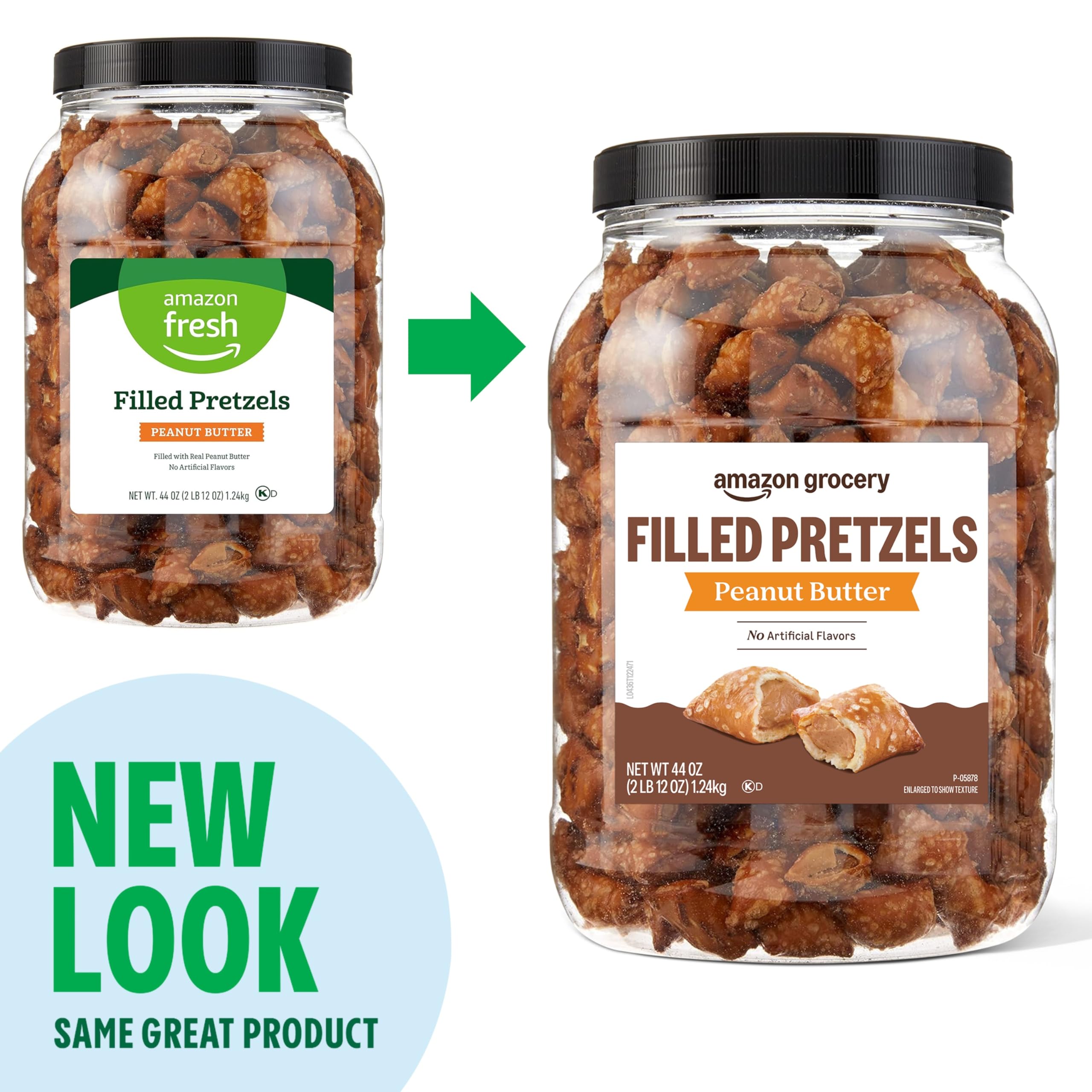 Amazon Grocery Peanut Butter Filled Pretzels tub package emphasizing multi-serve convenience.