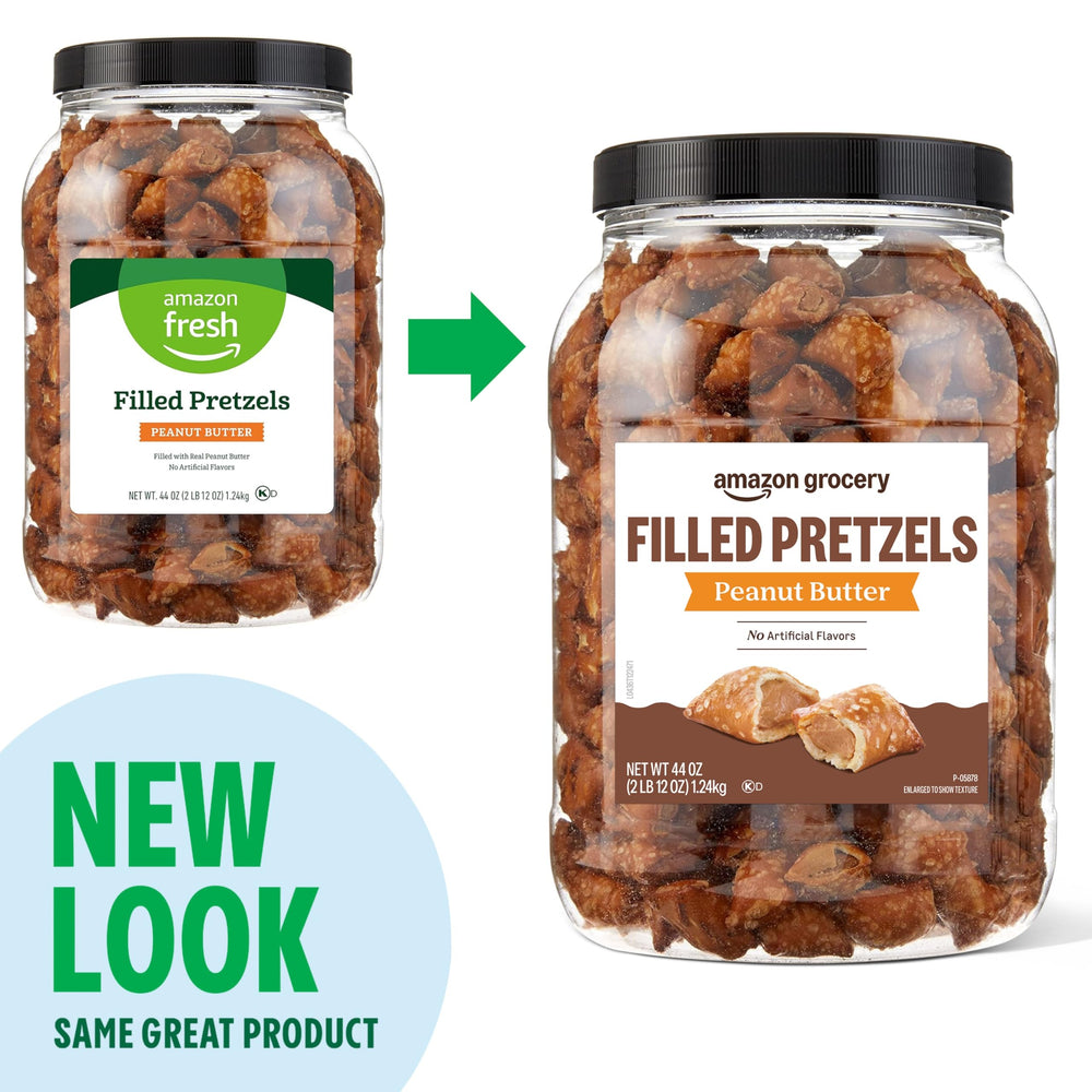 Amazon Grocery Peanut Butter Filled Pretzels tub package emphasizing multi-serve convenience.