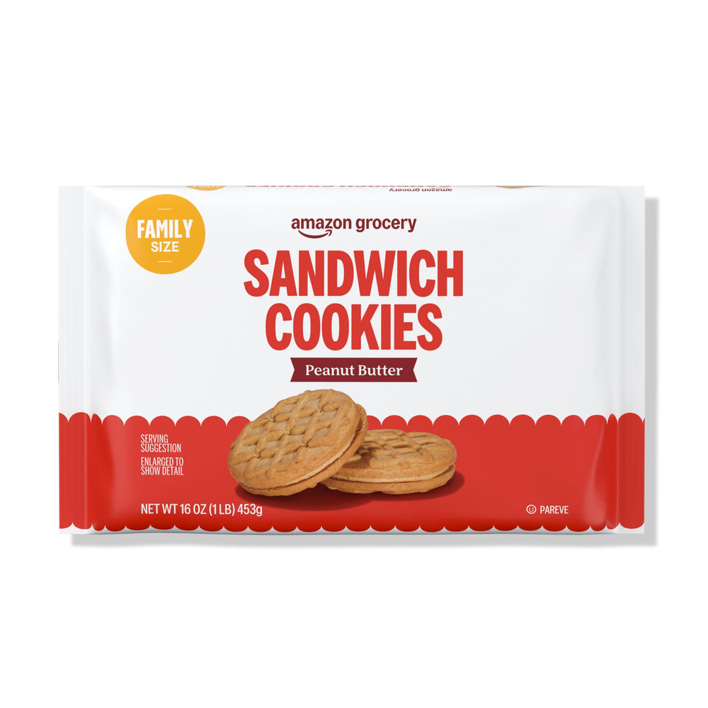 Amazon Grocery Peanut Butter Sandwich Cookies pack shot, ideal for quick snacks and family gatherings.