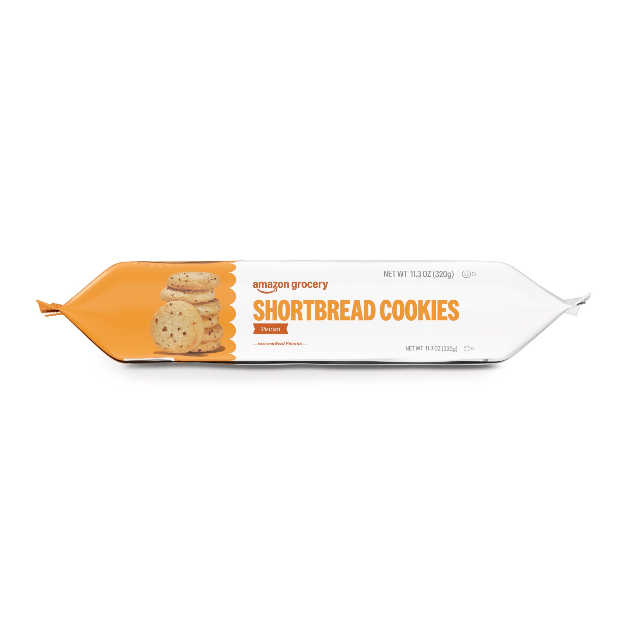 Stack of Amazon Grocery pecan shortbread cookies on a plate, ideal with coffee