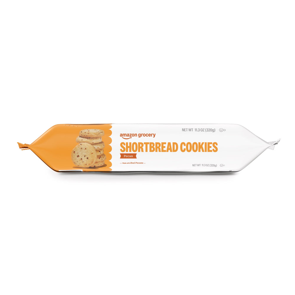 Stack of Amazon Grocery pecan shortbread cookies on a plate, ideal with coffee