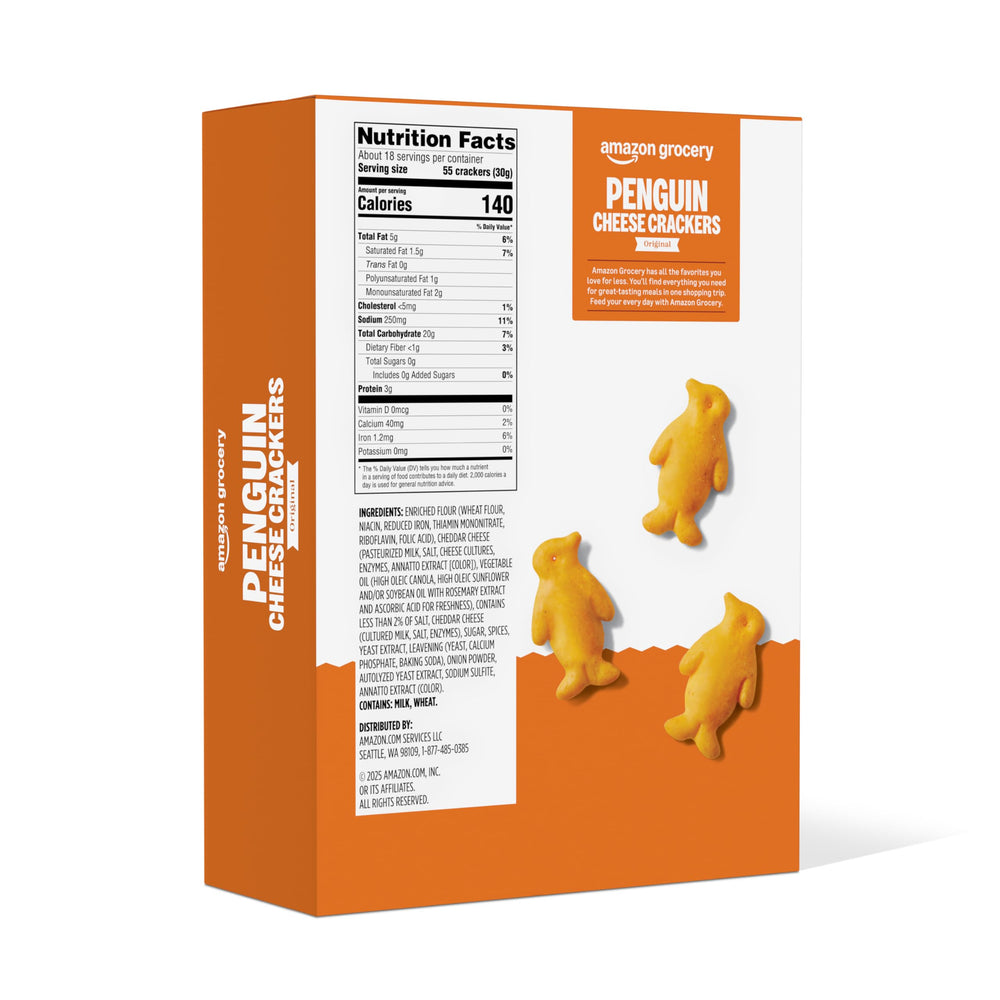 Penguin Cheese Crackers Amazon Grocery box back reveals ingredients and allergen info for planning