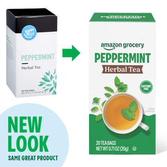 Amazon Grocery peppermint tea bags closeup highlighting bright aroma for afternoon calm.