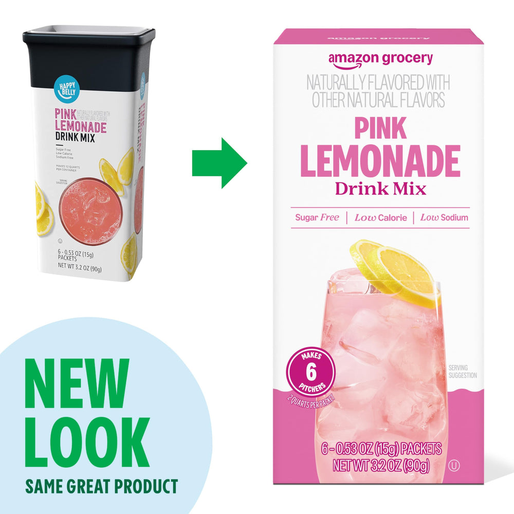 Amazon Grocery Pink Lemonade mix poured into glass with ice for serving.