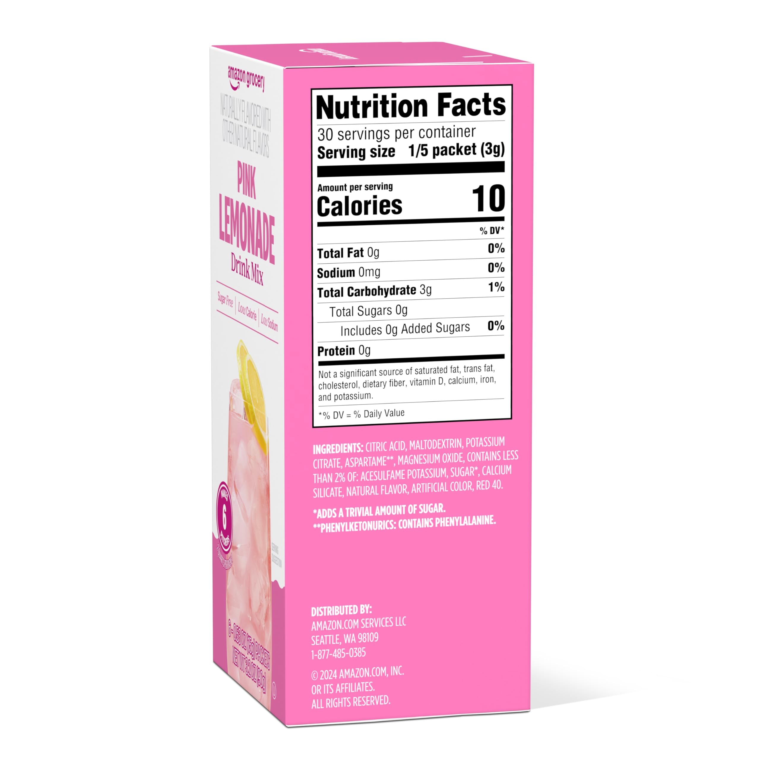 Amazon Grocery Pink Lemonade powder dissolves easily in water for a refreshing sip.