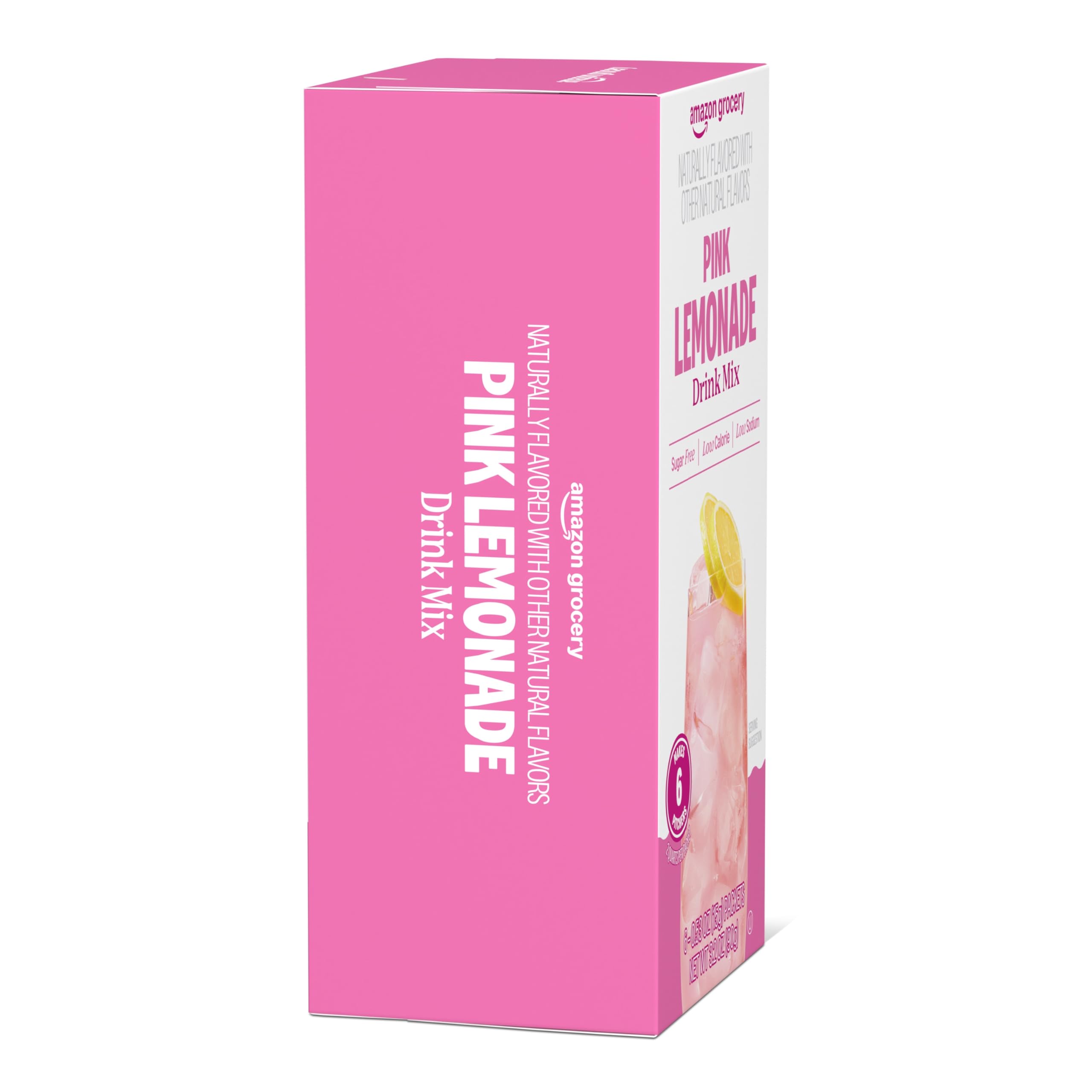 Amazon Grocery Pink Lemonade six box pack displayed on shelf.