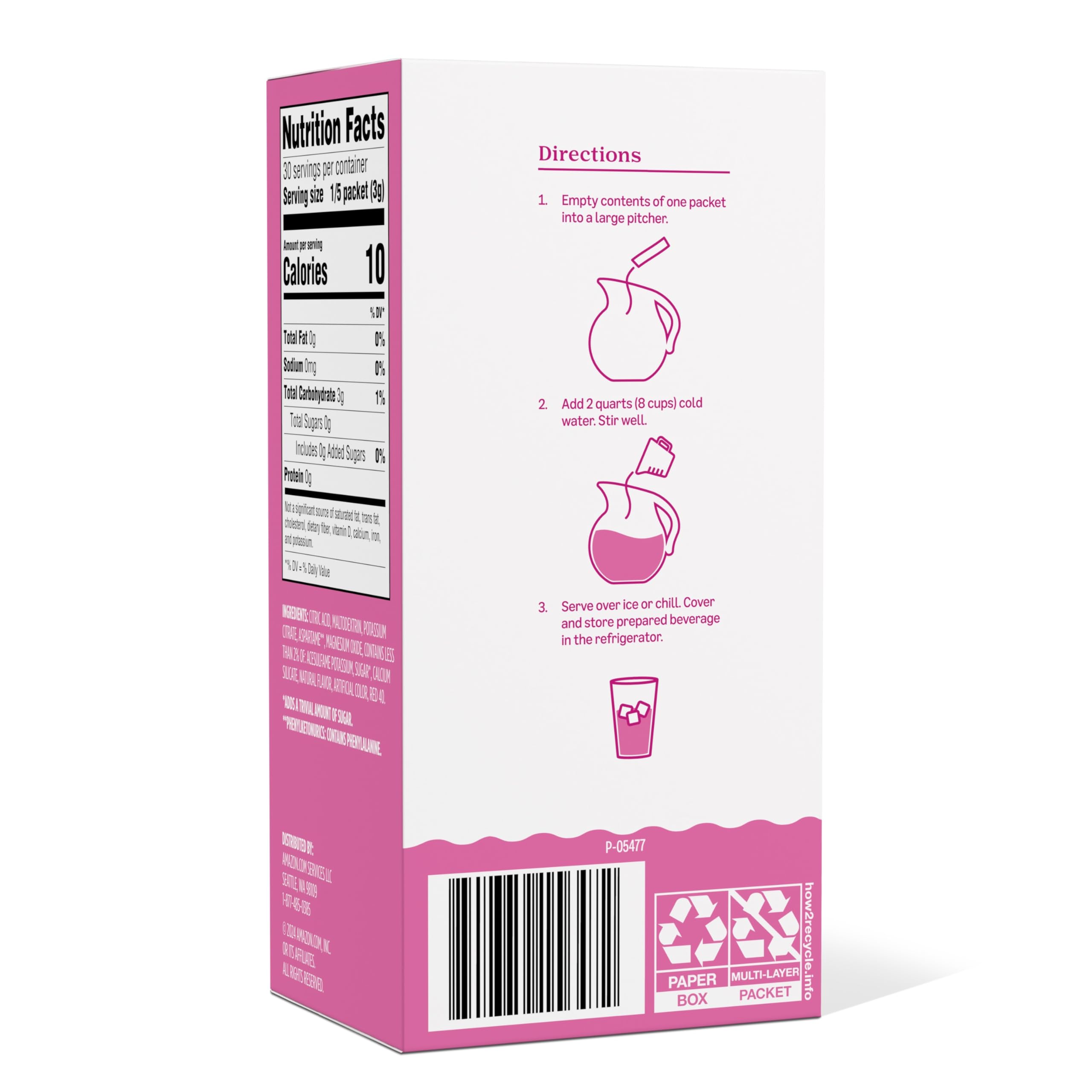 Amazon Grocery Pink Lemonade Drink Mix singles box back shows ingredients and flavor notes.