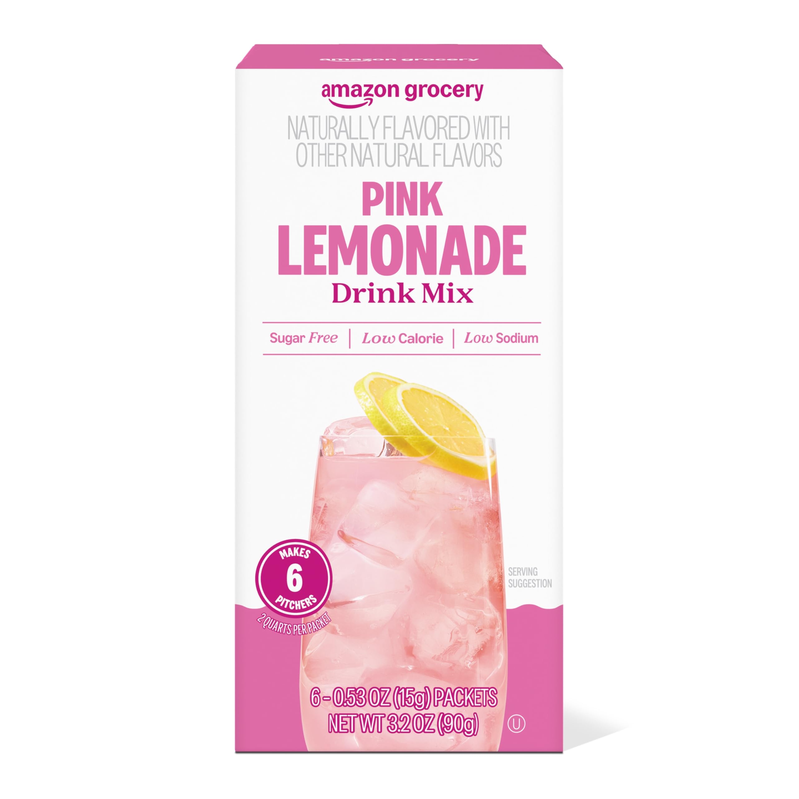 Amazon Grocery Pink Lemonade Drink Mix singles box front view for quick hydration on the go.