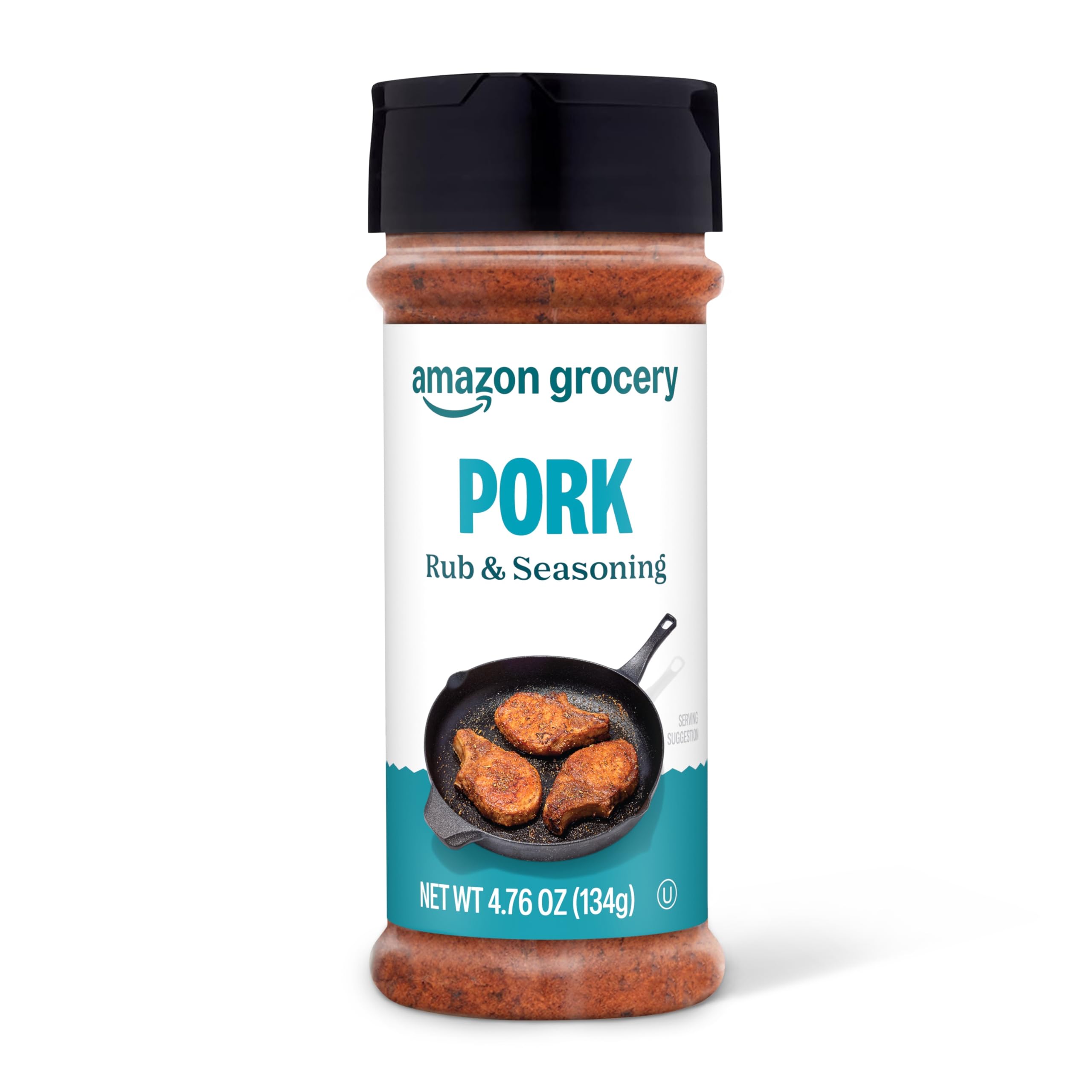 Amazon Grocery Pork Rub & Seasoning label front, ready to boost pork flavor.
