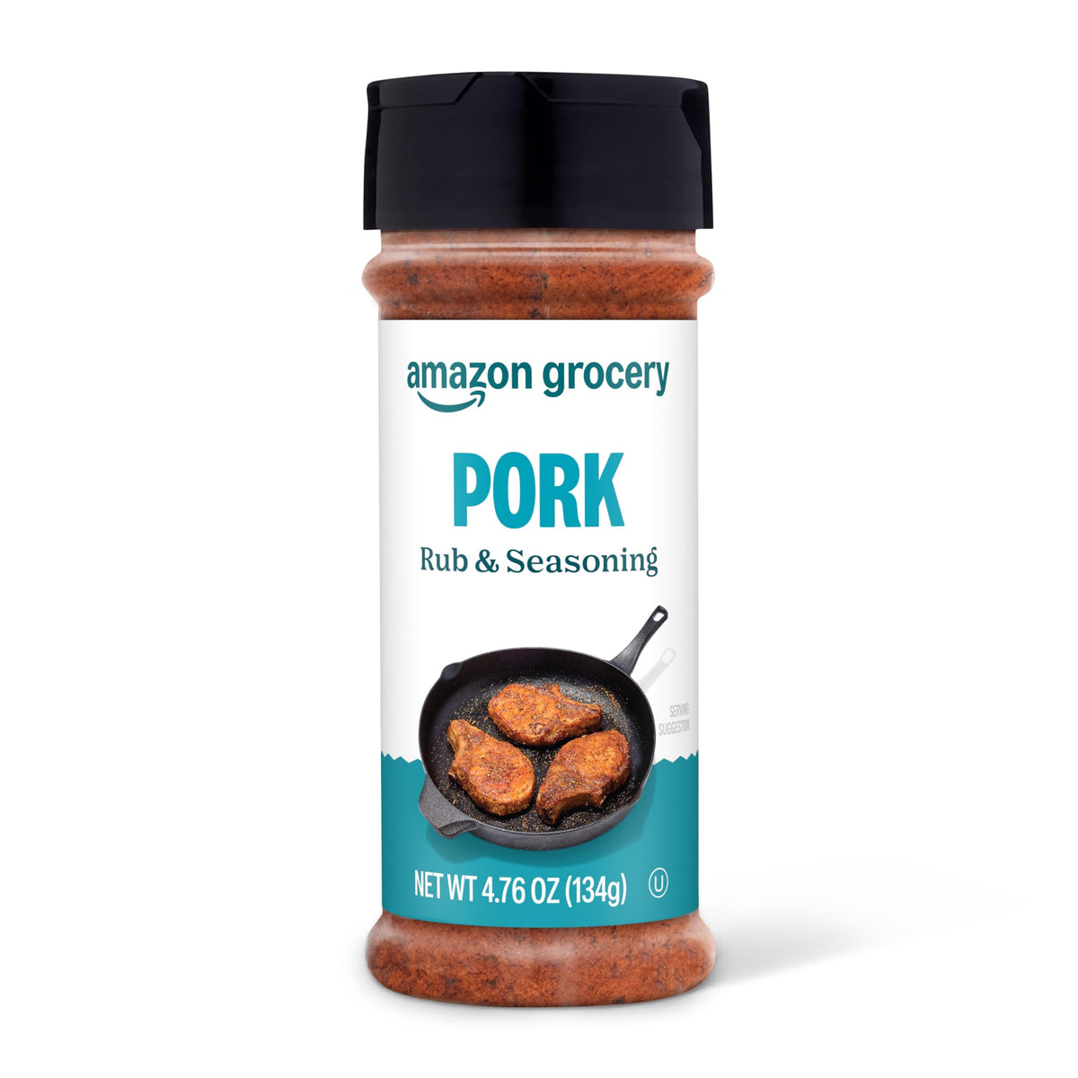 Amazon Grocery Pork Rub & Seasoning label front, ready to boost pork flavor.