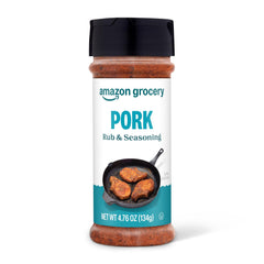 Amazon Grocery Pork Rub & Seasoning label front, ready to boost pork flavor.