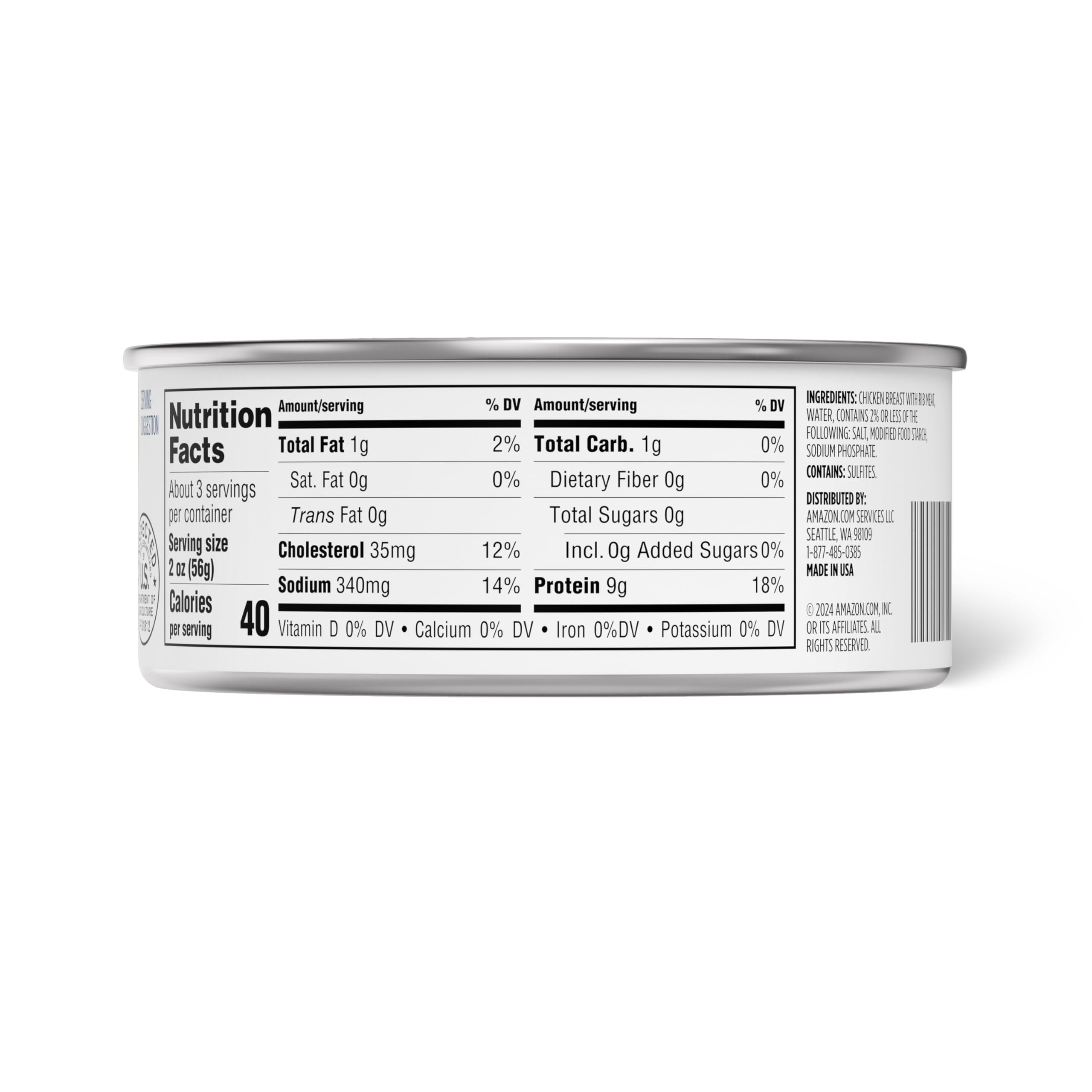 Amazon Grocery shredded chicken nutrition panel shows 9g protein per serving for balanced meals.