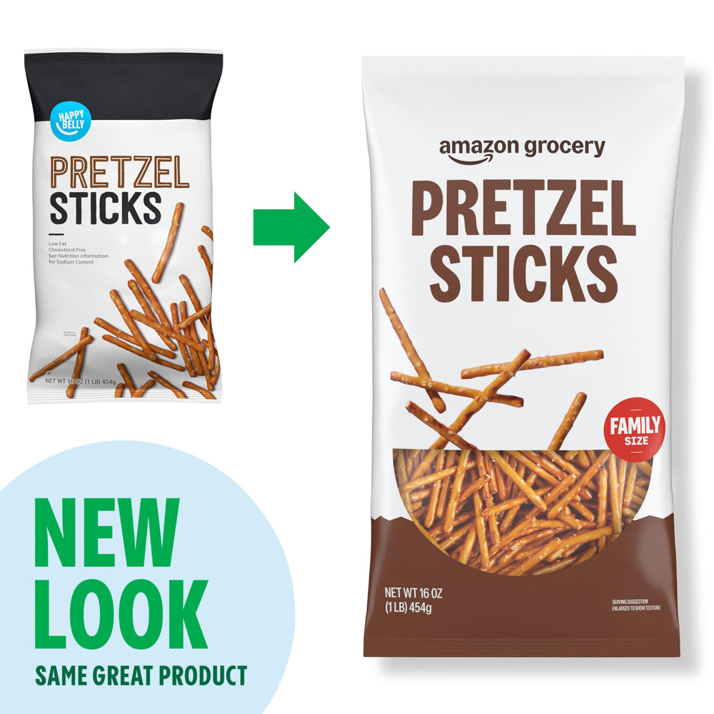 Amazon Grocery Pretzel Sticks 16 oz bag back with ingredients and weight info.