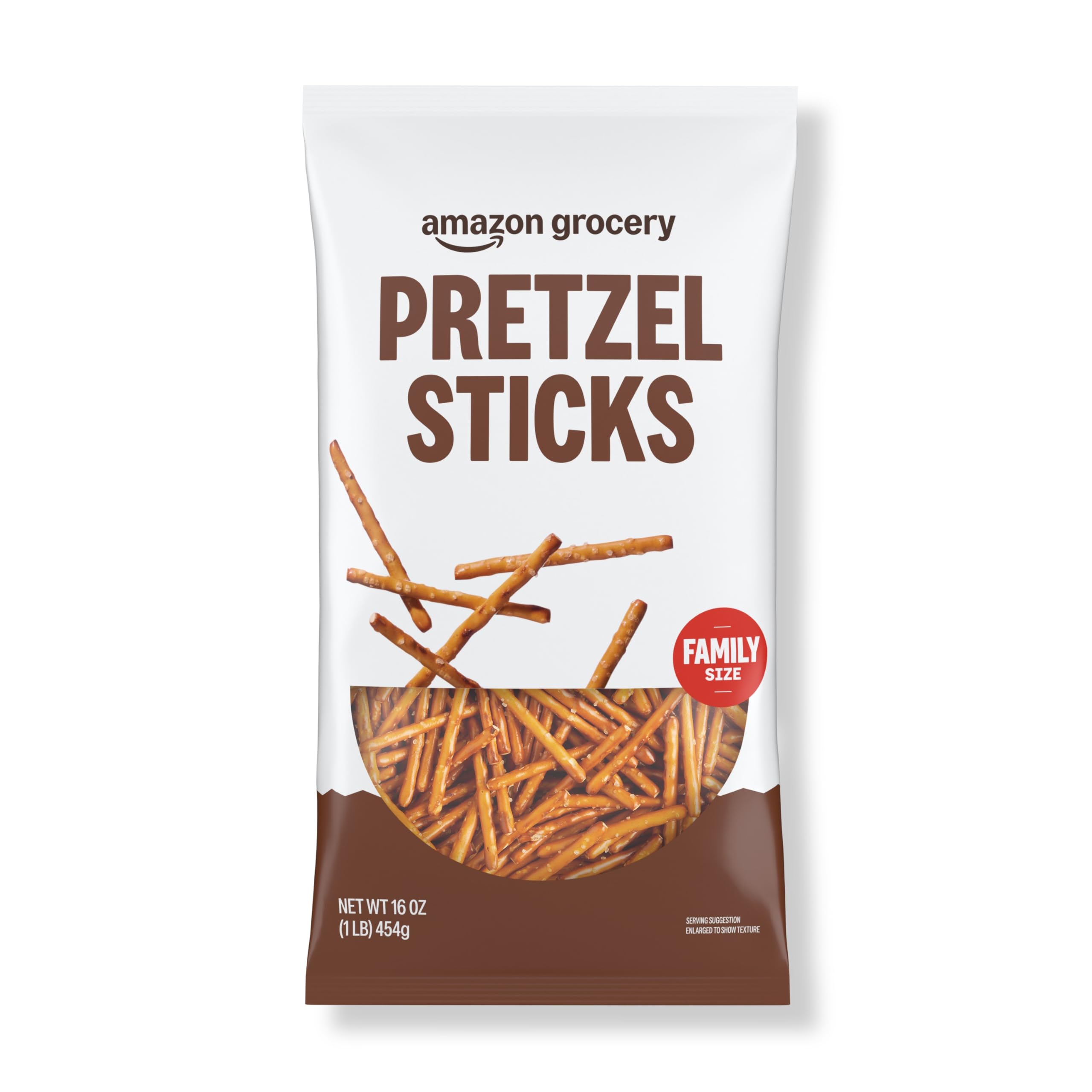 Amazon Grocery Pretzel Sticks 16 oz bag front, crisp snack ready for sharing.