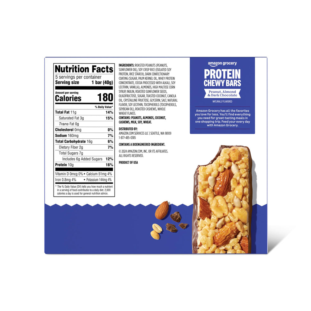 Close-up of Amazon Grocery Protein Chewy Bars showing texture, chocolate chips, and protein-rich appeal