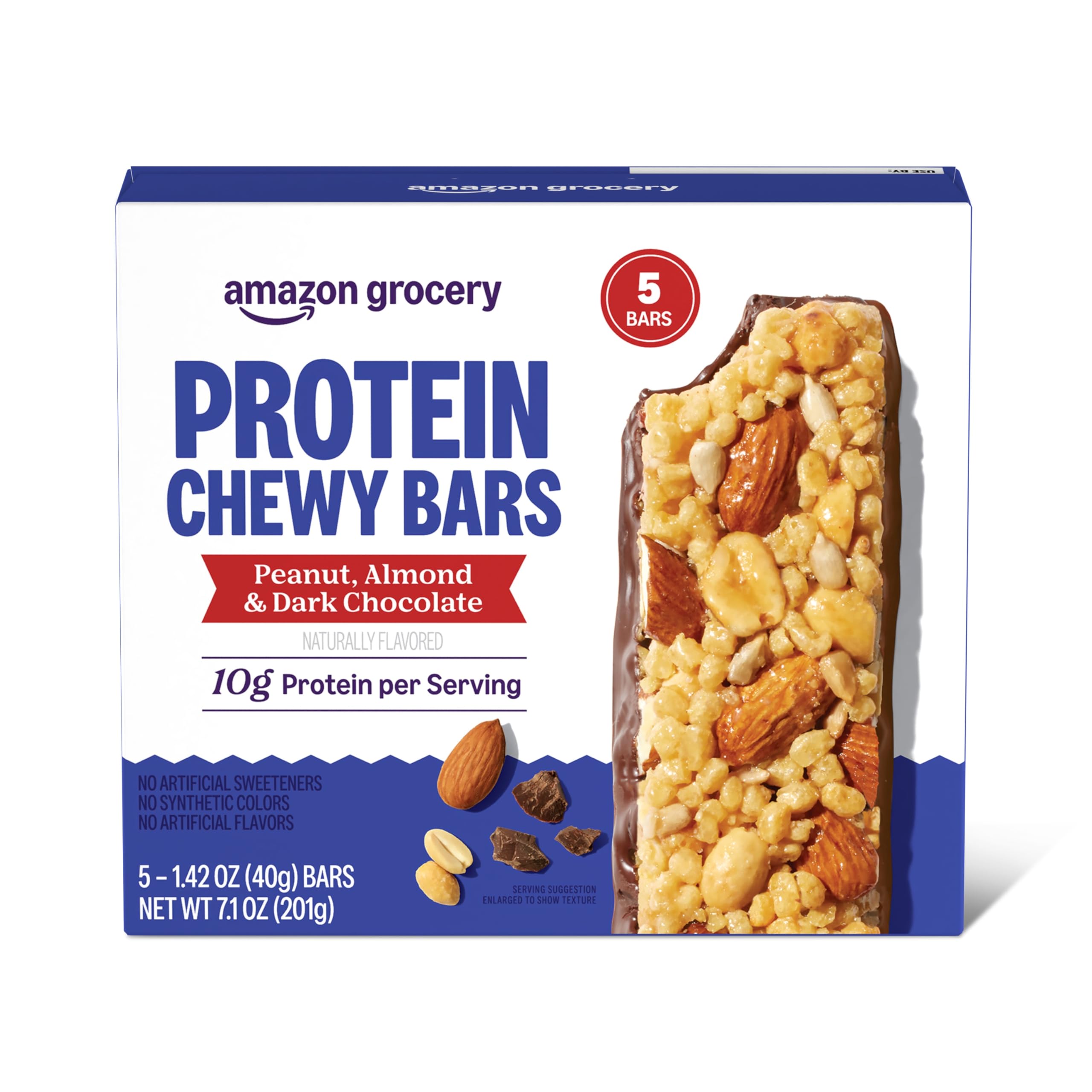 Amazon Grocery Protein Chewy Bars box with peanut, almond, and dark chocolate flavor for on-the-go snacking