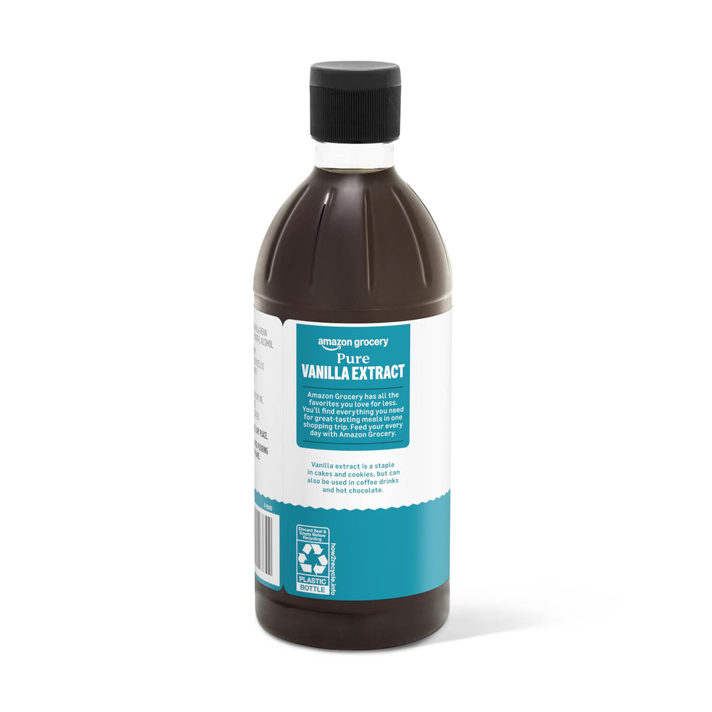 Amazon Grocery Pure Vanilla Extract label closeup highlights quality