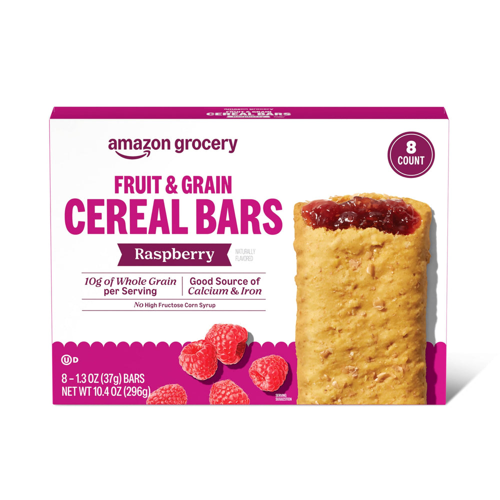 Amazon Grocery Raspberry fruit & grain bar box, convenient eight-pack snack.
