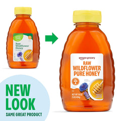 Amazon Grocery Raw Wildflower Honey label closeup highlights natural appeal
