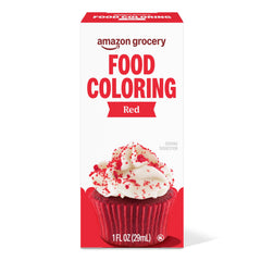 Amazon Grocery red food coloring 1oz bottle on shelf for baking.