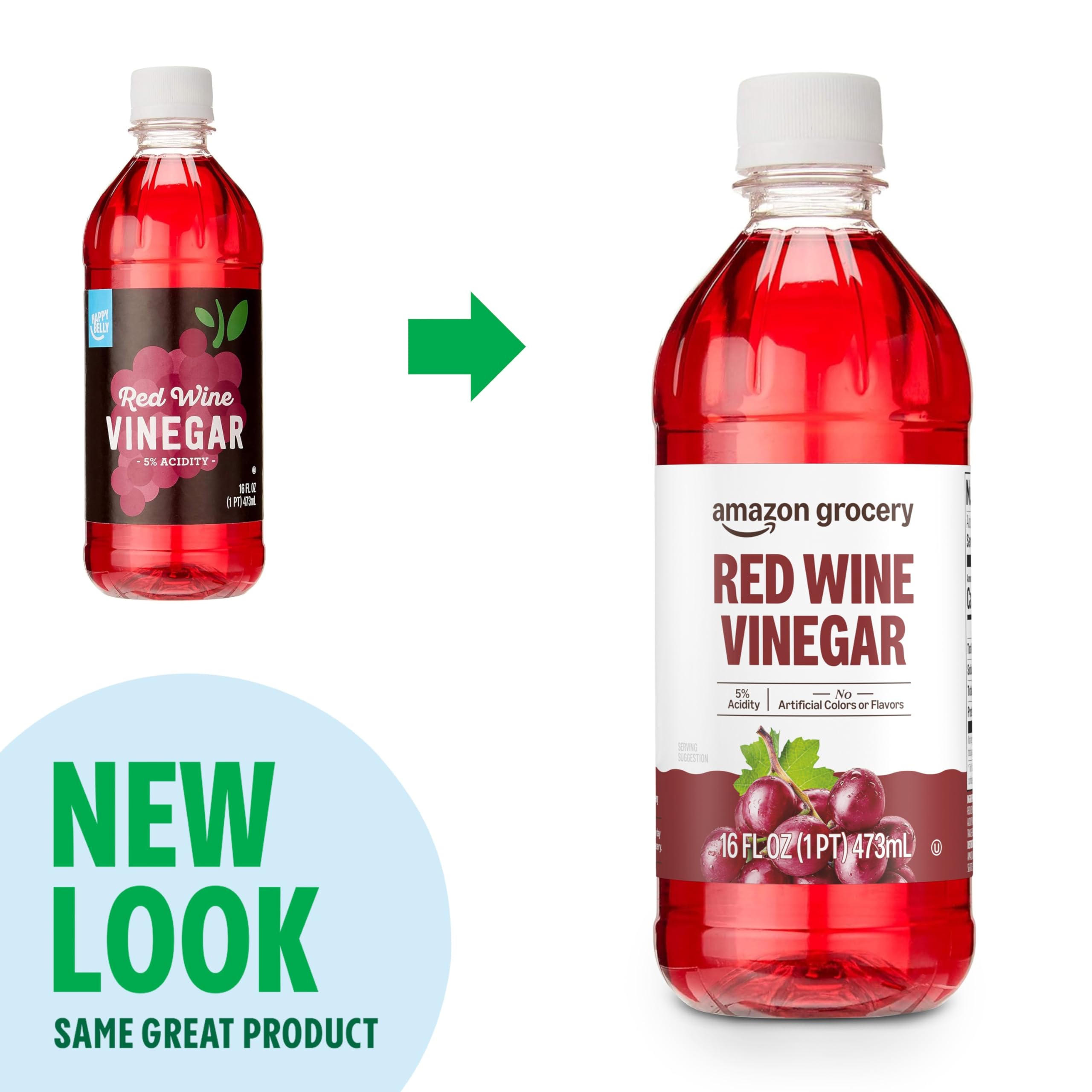 Amazon Grocery red wine vinegar packaging varies while product remains consistent in quality.