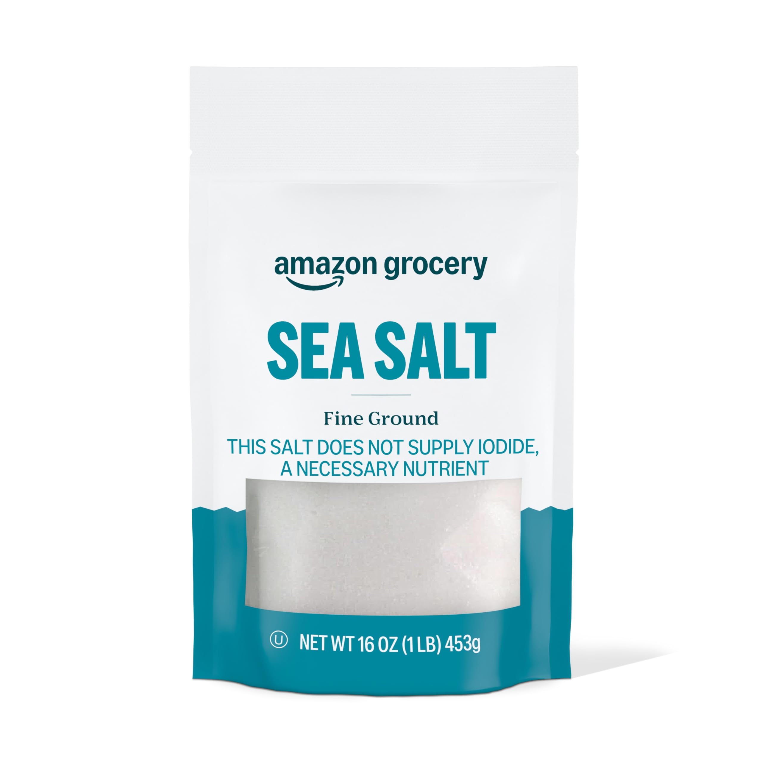 Amazon Grocery sea salt fine ground in a resealable bag for fresh flavor.