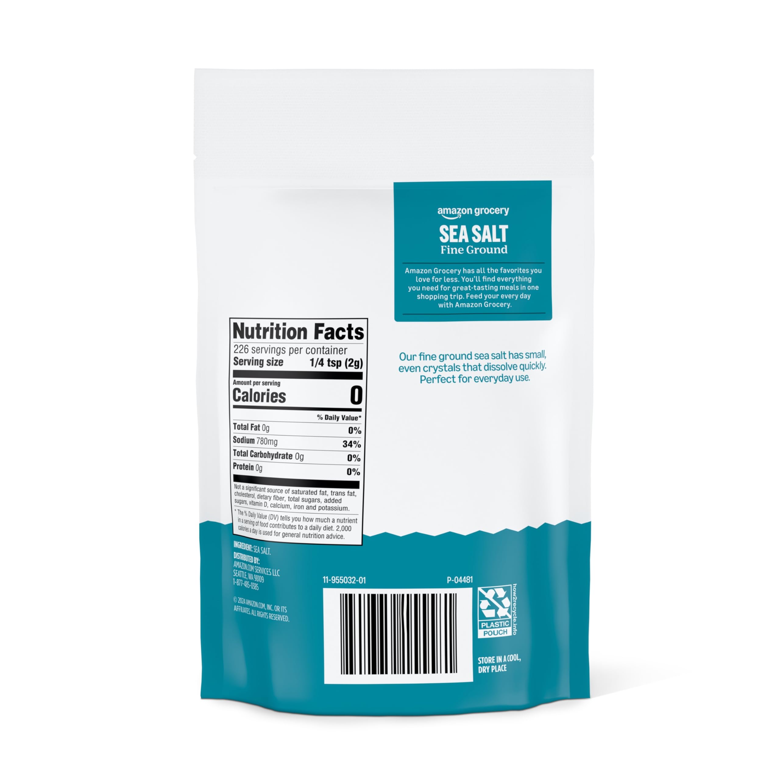 Amazon Grocery sea salt fine ground crystals dissolve easily, ideal for cooking and baking.