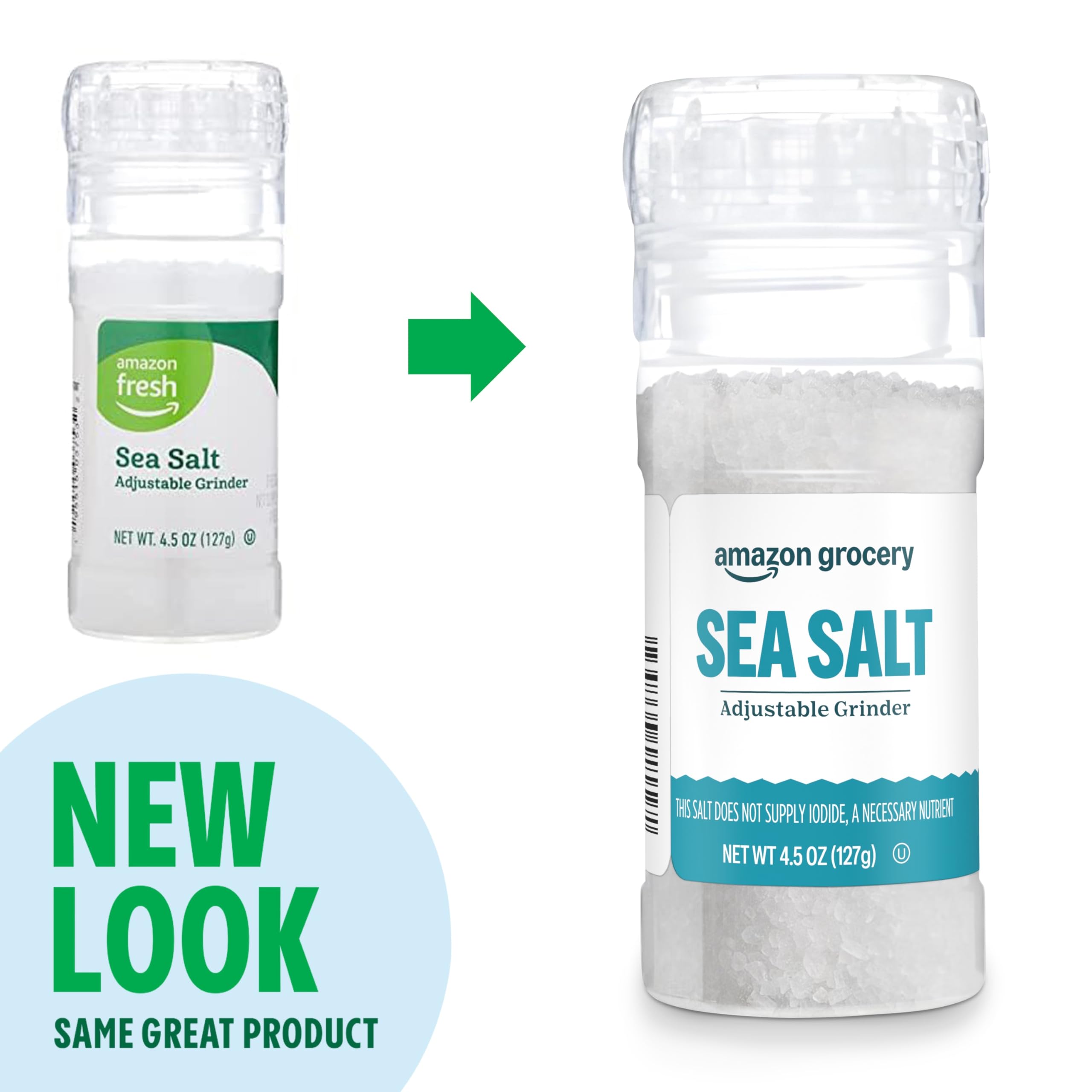 Amazon Grocery sea salt packaging may vary in packaging shots.
