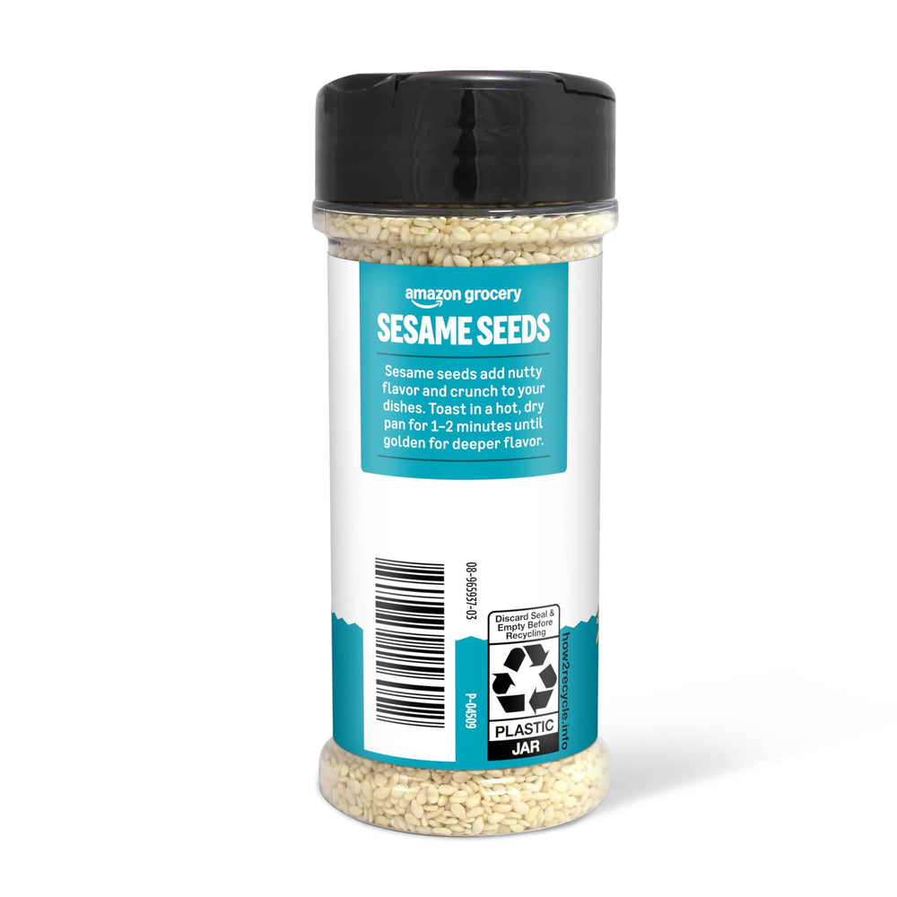 Amazon Grocery sesame seeds label closeup clear packaging supports freshness and trust