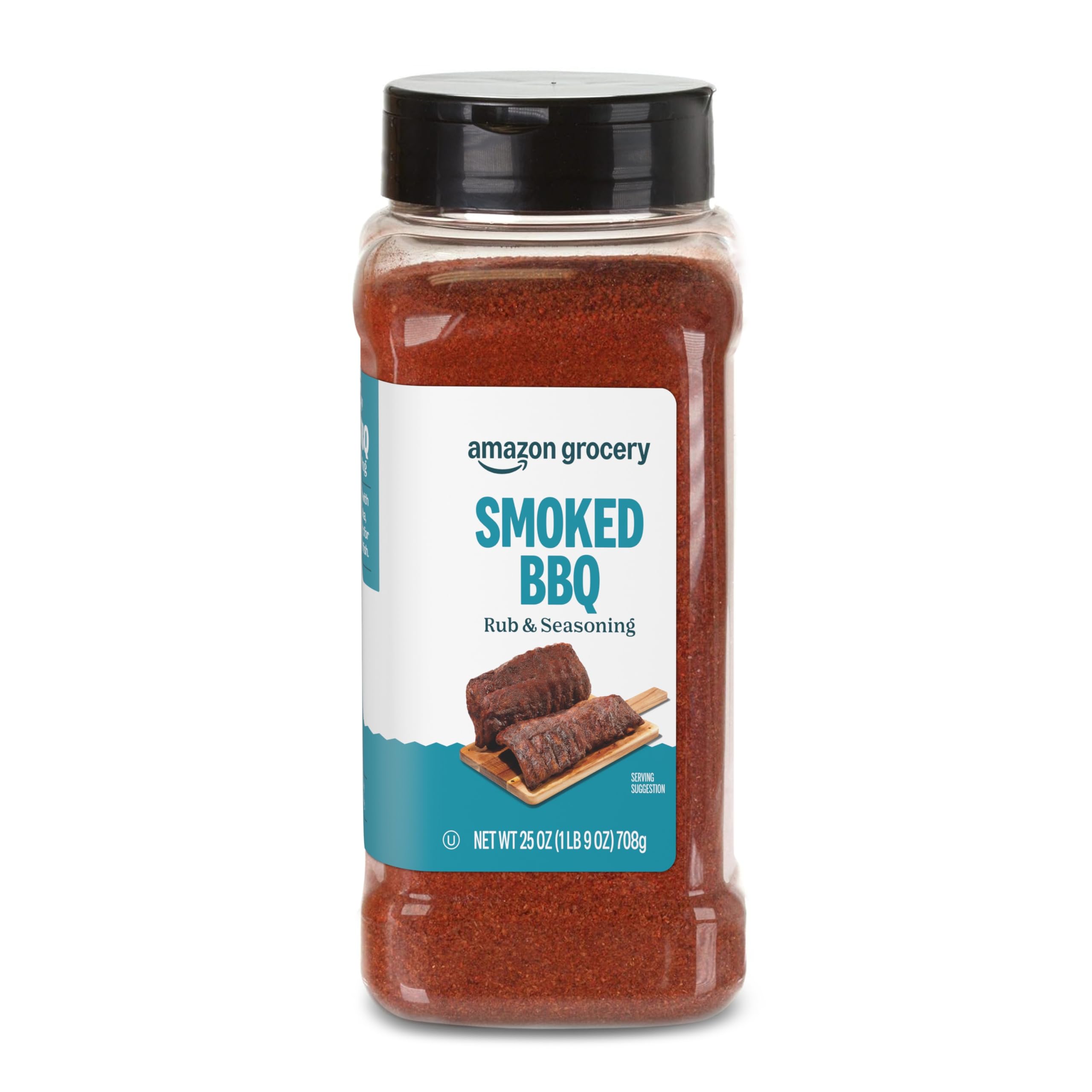 Amazon Grocery Smoked BBQ Rub 25oz container—perfect for flavoring beef, pork, chicken, and fish.