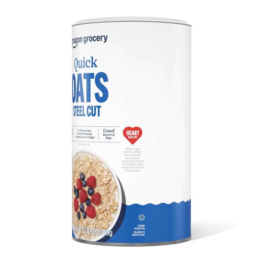 Amazon Grocery steel cut oats packaging label highlights no preservatives