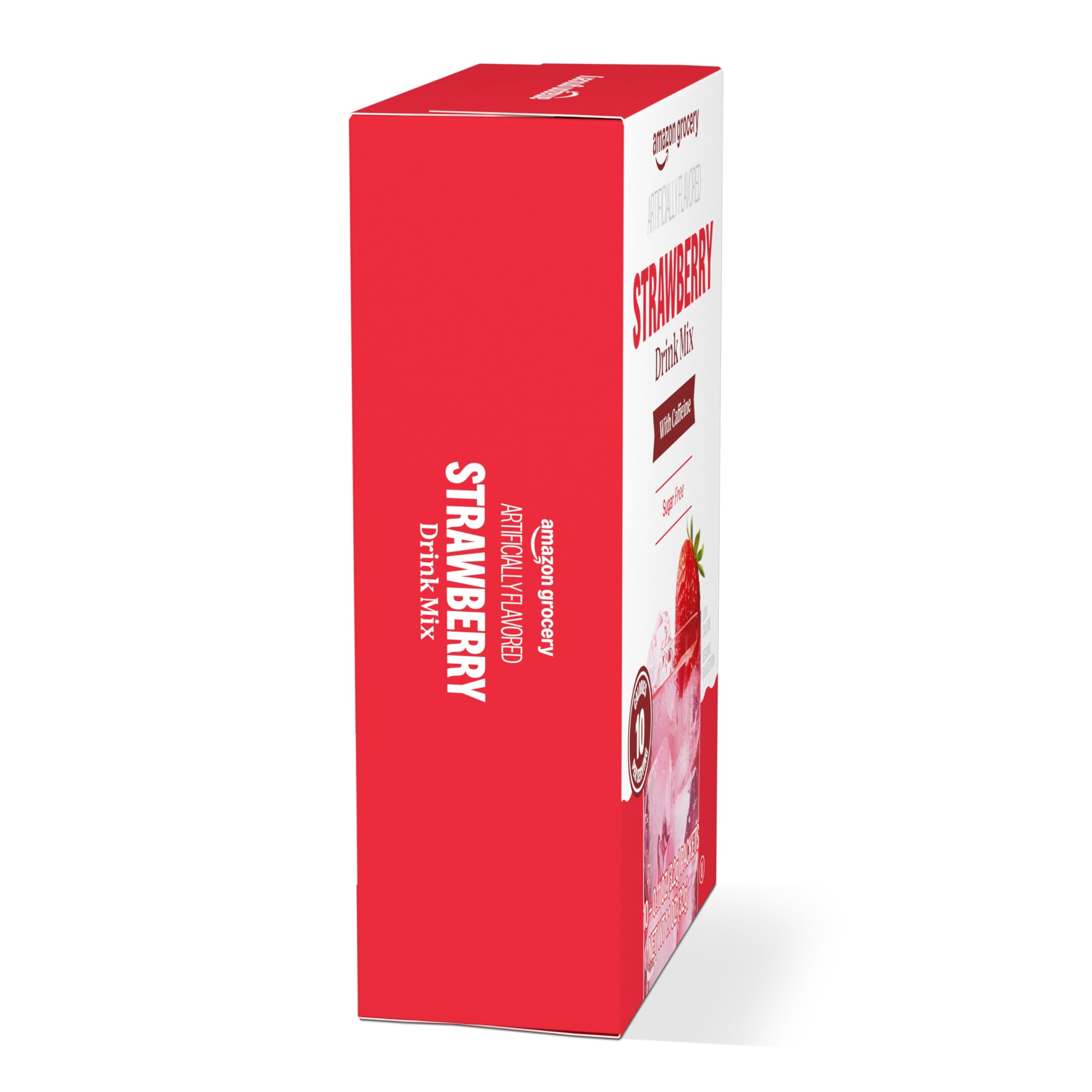 Amazon Grocery strawberry drink mix back-of-pack with nutrition cues and flavor notes.