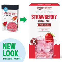 Amazon Grocery strawberry drink mix labeled for easy carrying in a bag for on-the-go refreshment.
